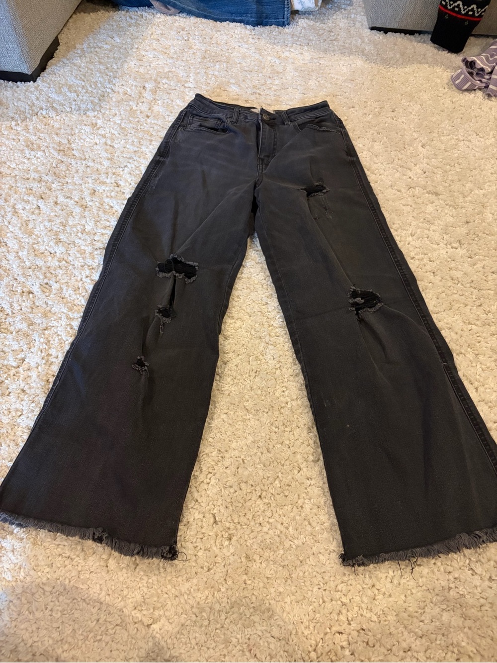 Black Distressed Wide-Leg Jeans with Raw Hem